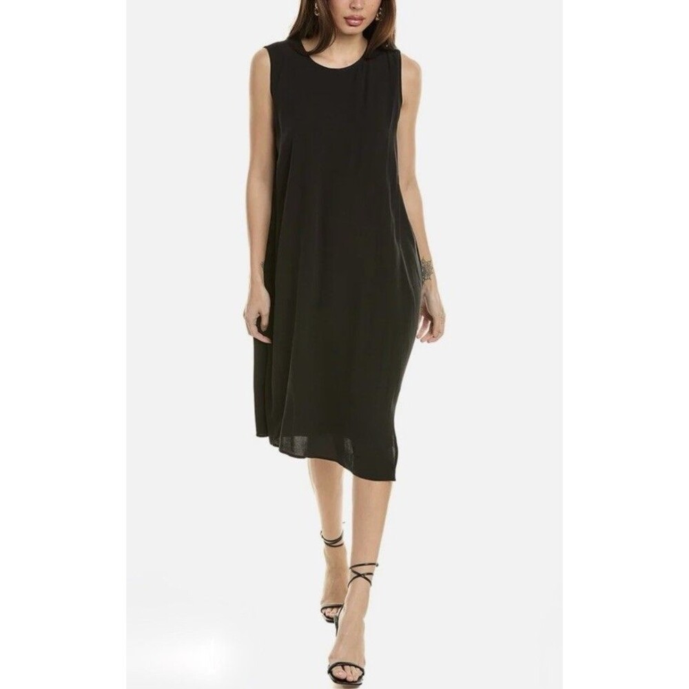 Eileen Fisher 100% Silk Black Round Neckline Dress Size XS Chiffon Crepe Overlay